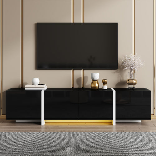 TV Cabinet, Black High-gloss Cabinet And White Contrasting Table Legs, With Simple Cabinet Doors And Drawers.