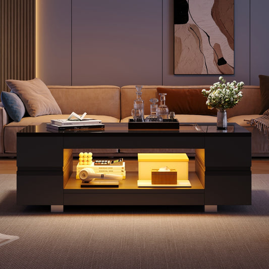 Hollow Coffee Table With Open Storage, Centre Table, Sofa Side Table With LED, High Gloss End Table With Glass Tabletop, Living Room, Office, Apartment100x50x35cm, White, MDF Glass
