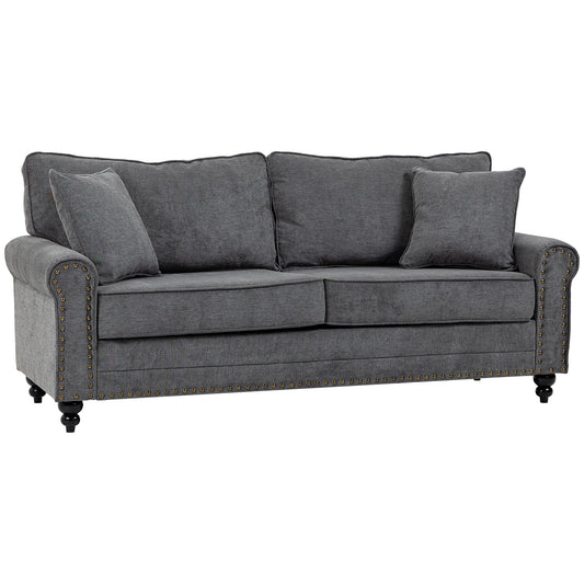 196cm 3 Seater Sofa, Fabric Sofa With Rubber Wood Legs, Nailhead Trim, 2 Pillows, Small Upholstered Couch Settee For Living Room, Guest Room, Grey