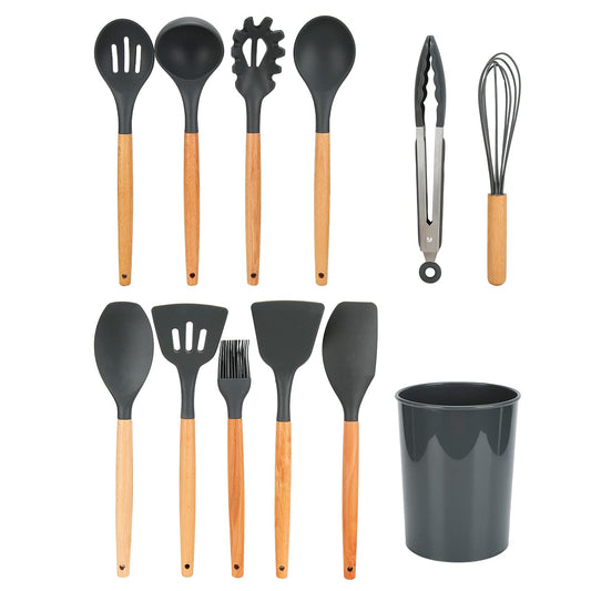 12 Pieces&set Silicone Kitchen Utensils, Wooden Handle Non-stick Cooking Cutlery Set, Withstand 480 F Silicone Kitchen Utensils, Silicone Beech Cooking Spoon Set Kitchen Accessories For The Kitchen A