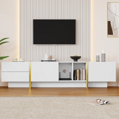 TV Stand, Entertainment Center With Storage Cabinet And Open Shelves, Embossed Pattern TV Stand, TV Cabinet And Media Console For Living Room, Bedroom, White