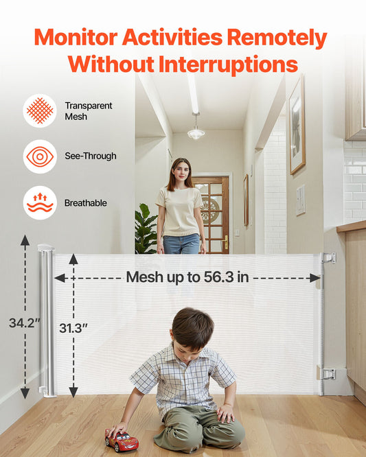Retractable Baby Gate, Extends To 1430 Mm Wide, 795 Mm Tall, With Security Lock, Easy To Use, Walk Through Without Tripping, Mesh Dog Gate For Stairs, Hallways, Indoor/Outdoor, White